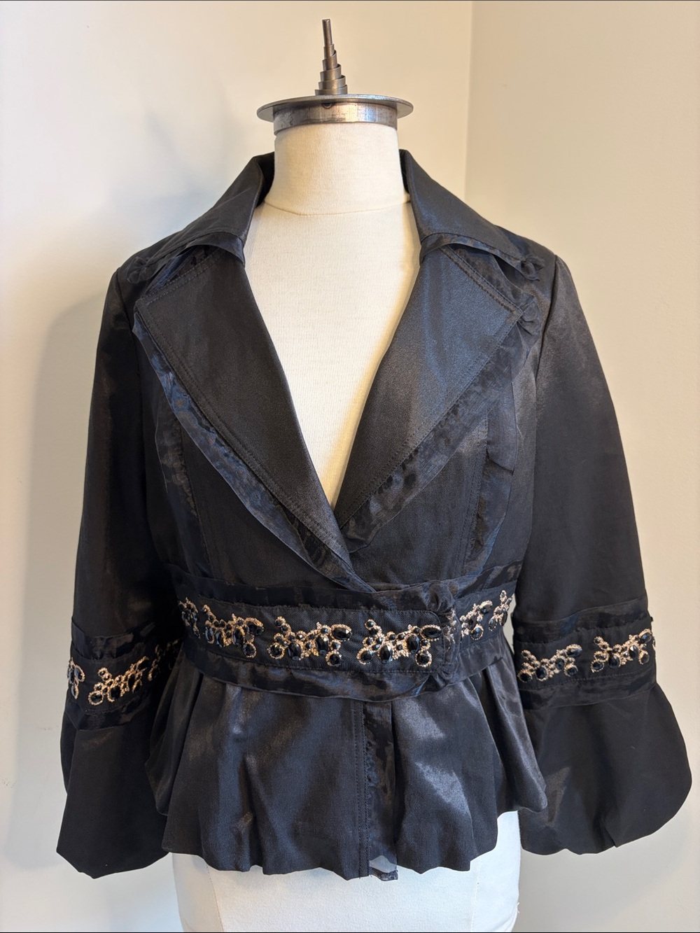 GILANI black jacket with rhinestone embellished belt & sleeves SIZE MEDIUM